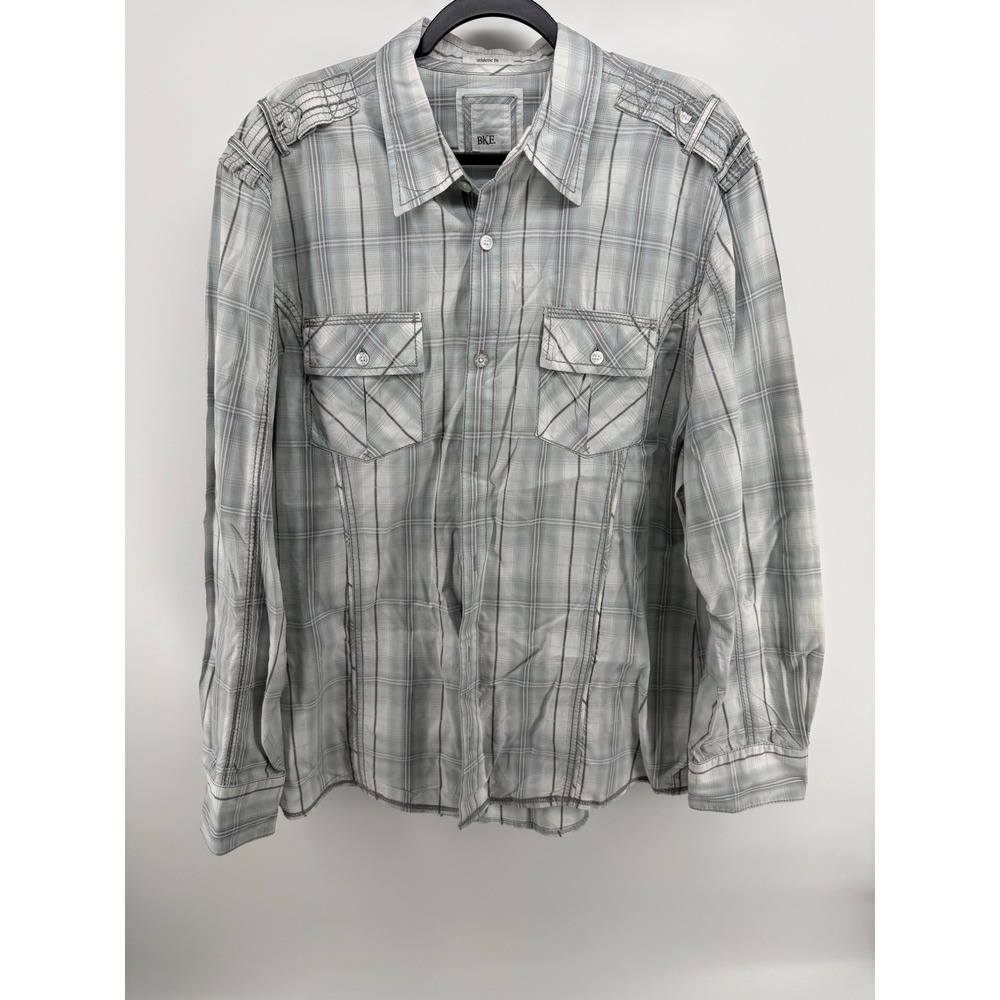 BKE Athletic Fit Plaid Button Down Shirt Grey White Mens XL Long Sleeve Pockets